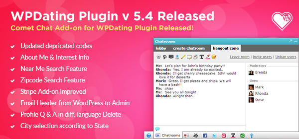 WPDating 5.4 & Comet Chat Add-on Released!